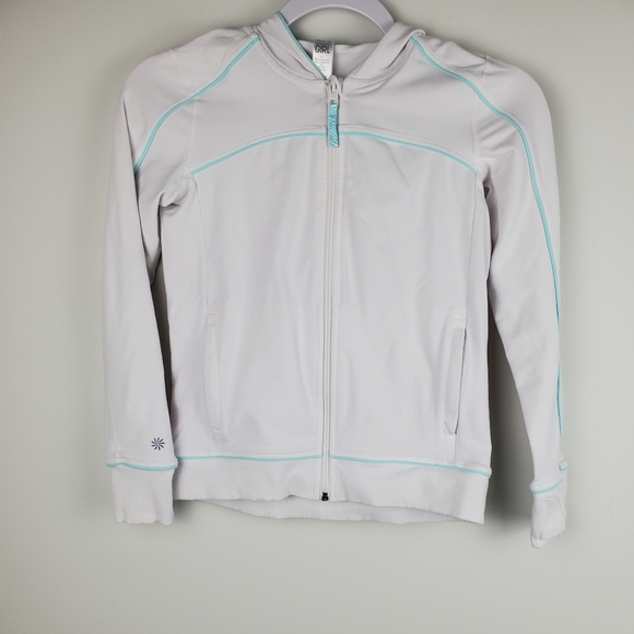 Athleta Other - Athleta Girl White and Blue Zip Up Hooded Jacket With Thumbholes Medium 8-10
